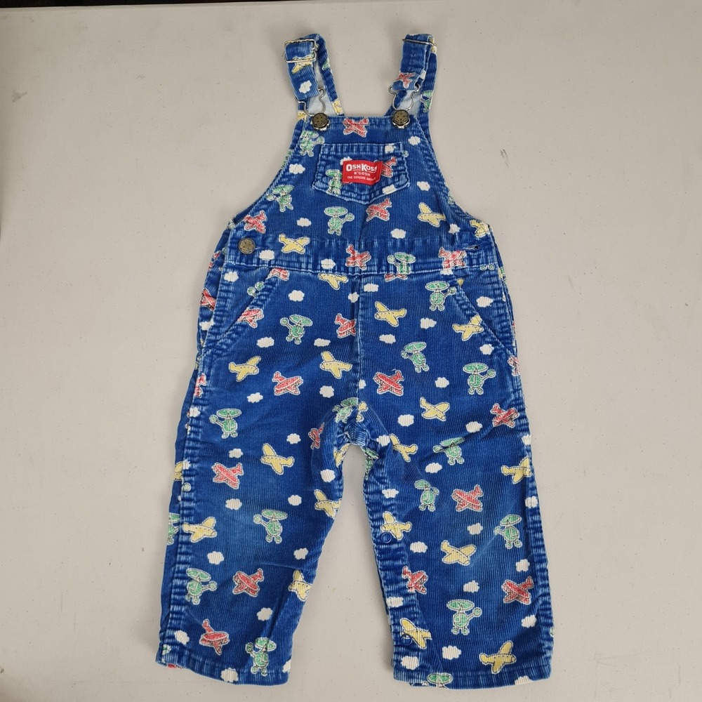 Vintage OshKosh B'gosh Overalls Boys 24M Blue Corduroy Airplane Vestbak USA